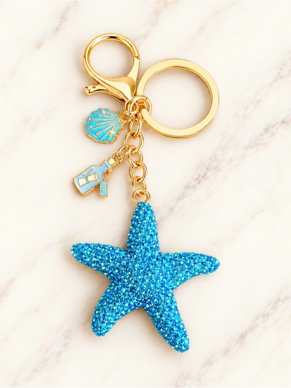 Bag Charm/Keyring Sparkling Blue Starfish Bag Charm On Gold Hardware